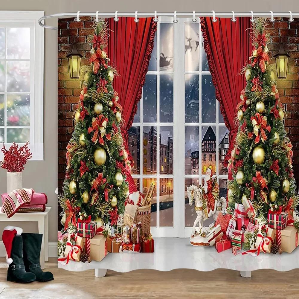 Christmas Backdrop Shower Curtain Holiday Gifts Fireplace Christmas Tree Garland Fabric Bath Curtains Bathroom Decor With Hooks