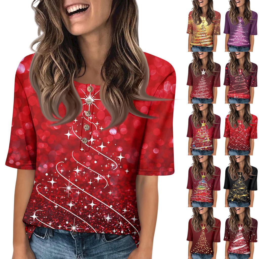 Shirts For Women Trendy Round Neck Button T Shirts Printed Blouse Half Sleeve Tops For Women