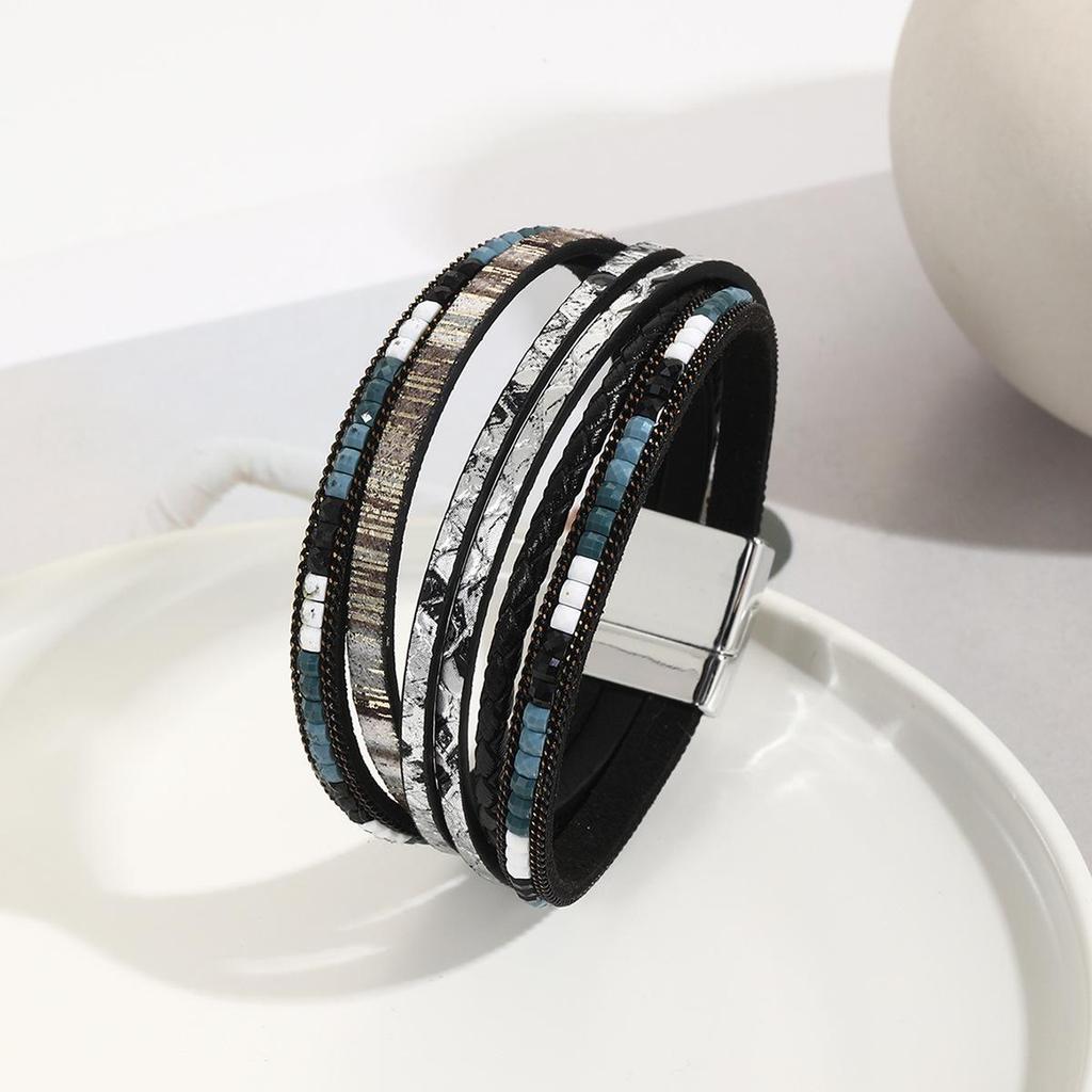 Bohemian Multi-layer Leather Wrap Bracelet with Magnetic Buckle for Women