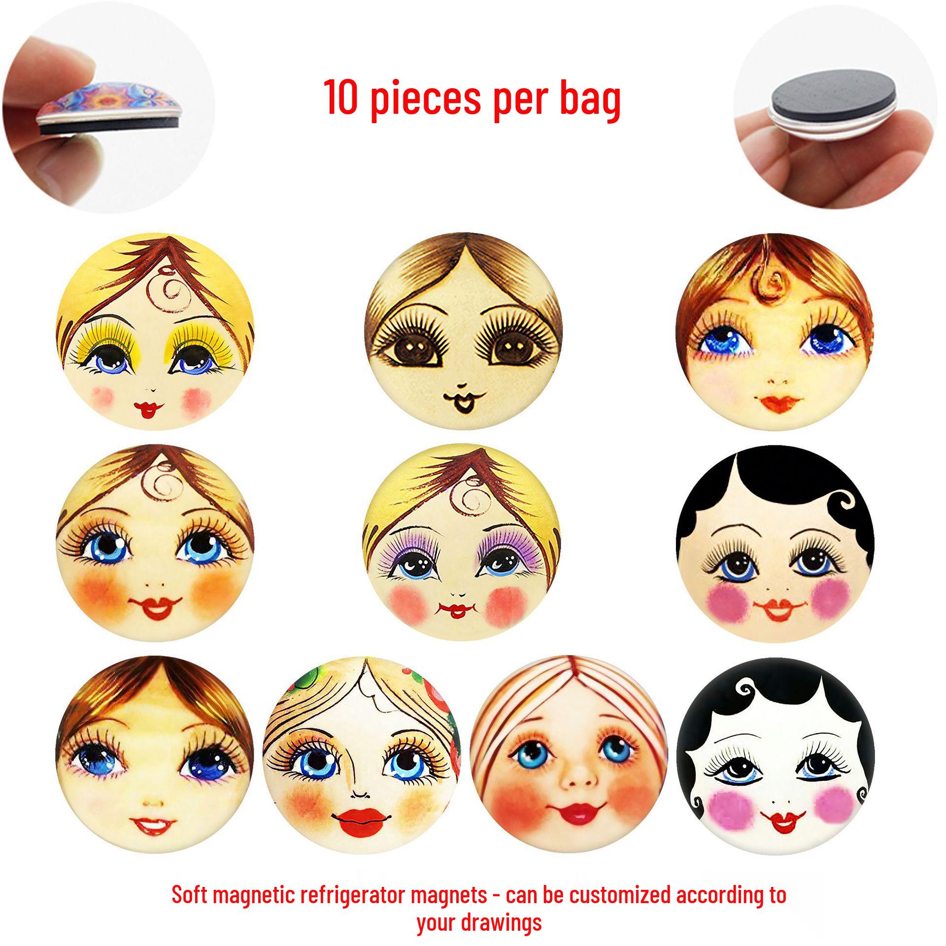 Retro Russian Matryoshka Magnetic Fridge Sticker: Hand-painted Glass Design 25 mm Refrigerator Magnet Set, 10 pcs (SMH460)