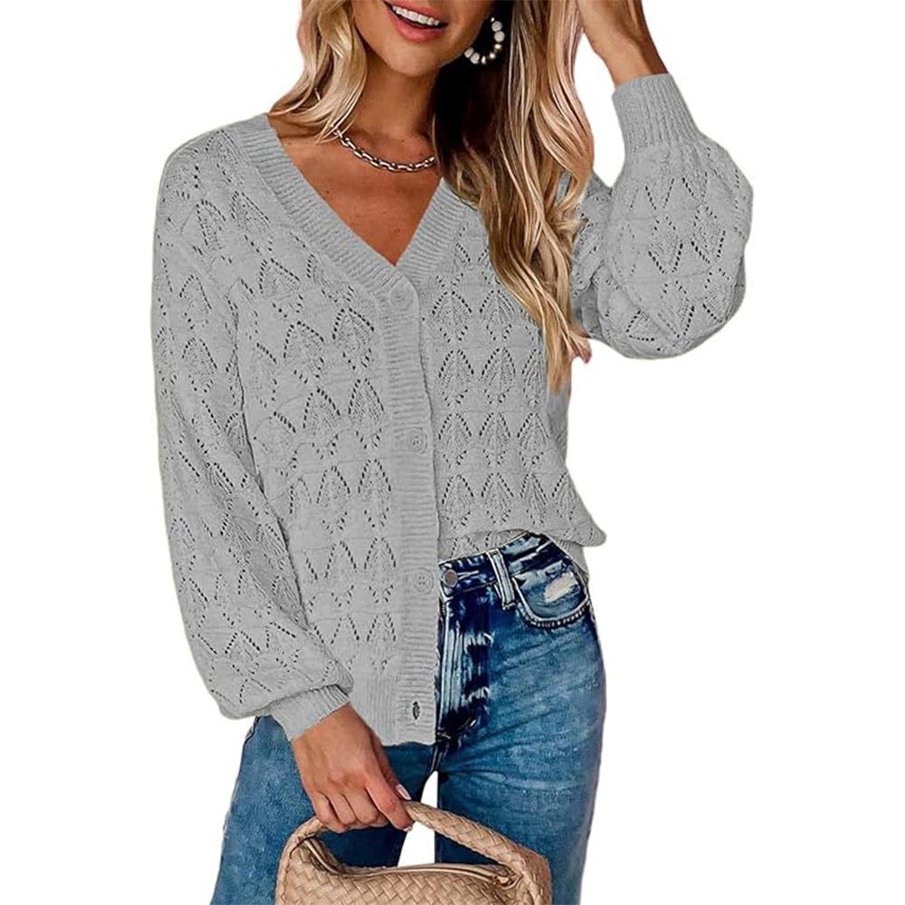 Dámský lehký háčkovaný zkrácený kardigan 2025 s výstřihem do V, dlouhým rukávem a bolerkem na knoflíky