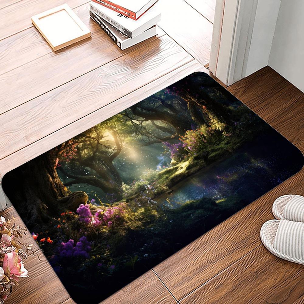 Ancient and Mysterious Primitive Forest Doormat Cherry Blossom Waterfall Welcome Mat Afternoon Sunshine Welcome Mat Encountered