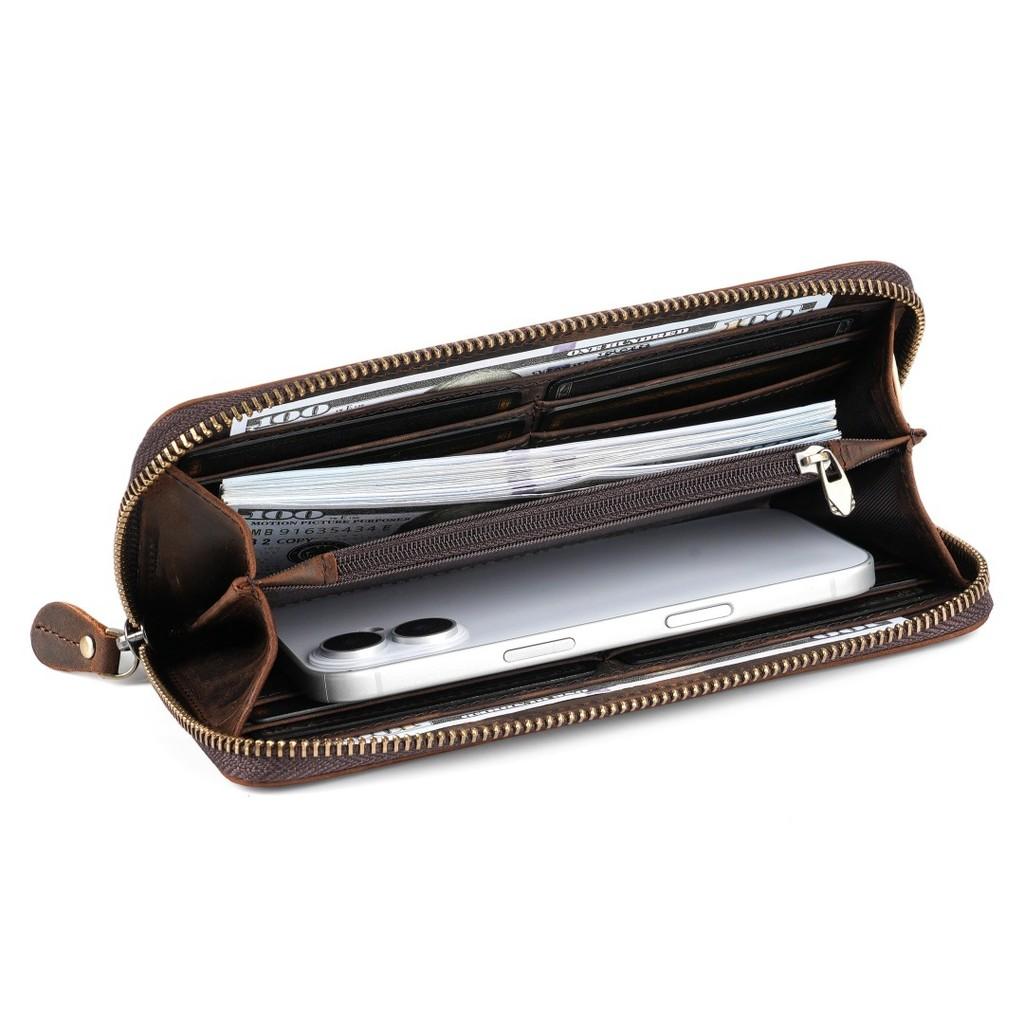 New Men's Genuine Cowhide Clutch Wallet Vintage Embossed Multi-Card Slots Wrist Strap Ready Stock Luxury Long Wallet