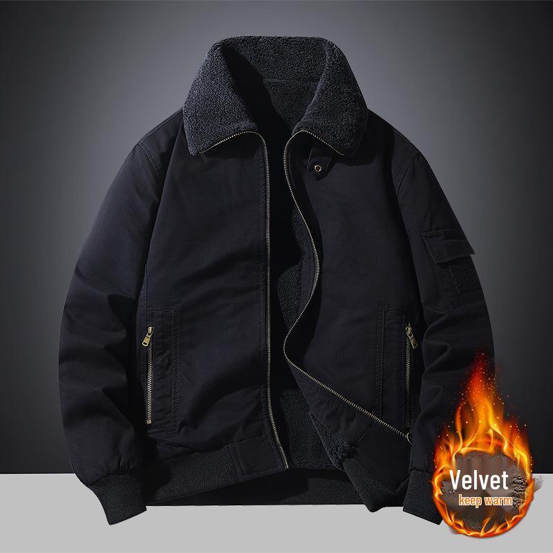 

Men s Large Plus Velvet Cotton-Padded Workwear Jacket with Lambswool - Winter Warmth and Cold Protection Large чорний
