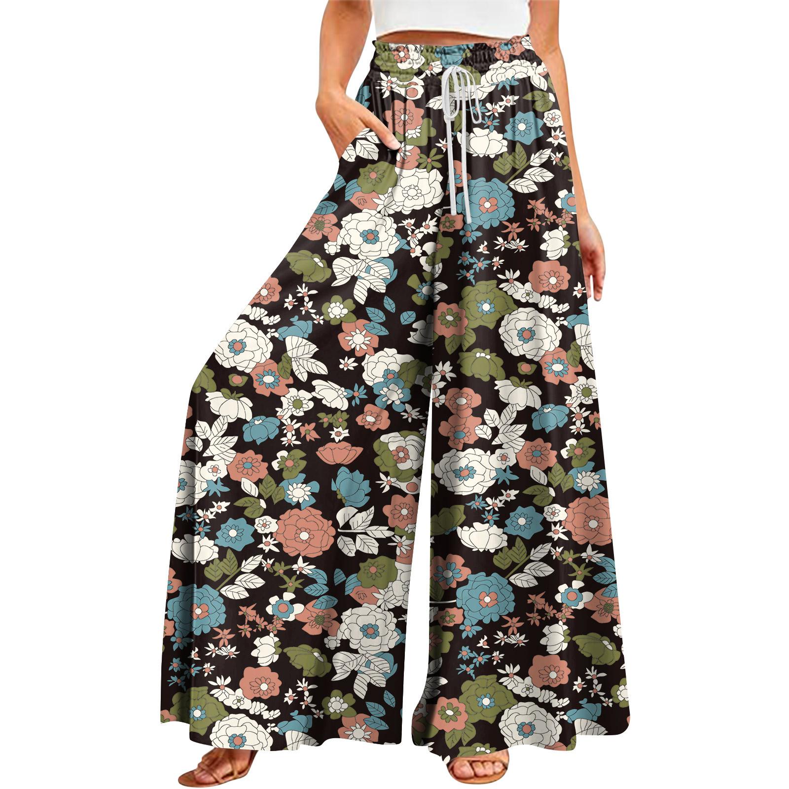 

Women s Summer Wide Leg Pants High Waisted Flowing Pockets Fashion Casual Casual Bohemian Printed Beach Pants L темно-зеленого