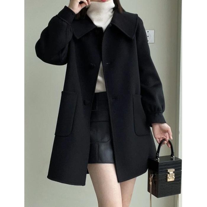 2024 Autumn/Winter Mid-Length Slimming Woolen Coat with Heart Buckle and Peter Pan Collar for Women