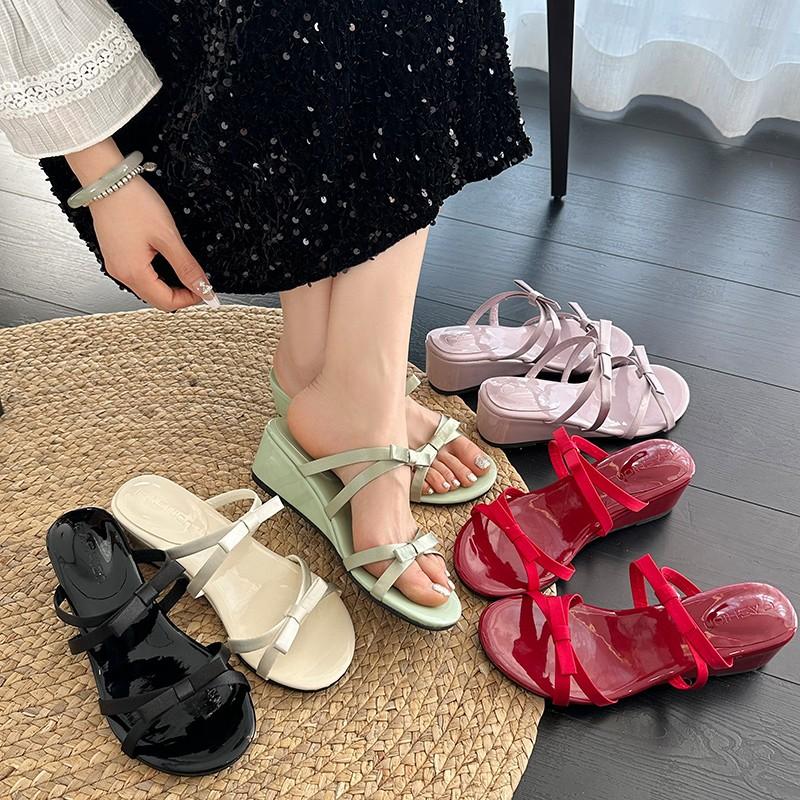 Fashion Bow Women's Wedges Slippers Elegant Mid Heels Shoes Fashion Flip Flops Pumps 2025 New Summer New Slides Designer