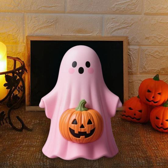 Halloween Statue Pumpkin Ghost Shape Figurine Pink Resin Statue Handheld Halloween Tabletop Decoration