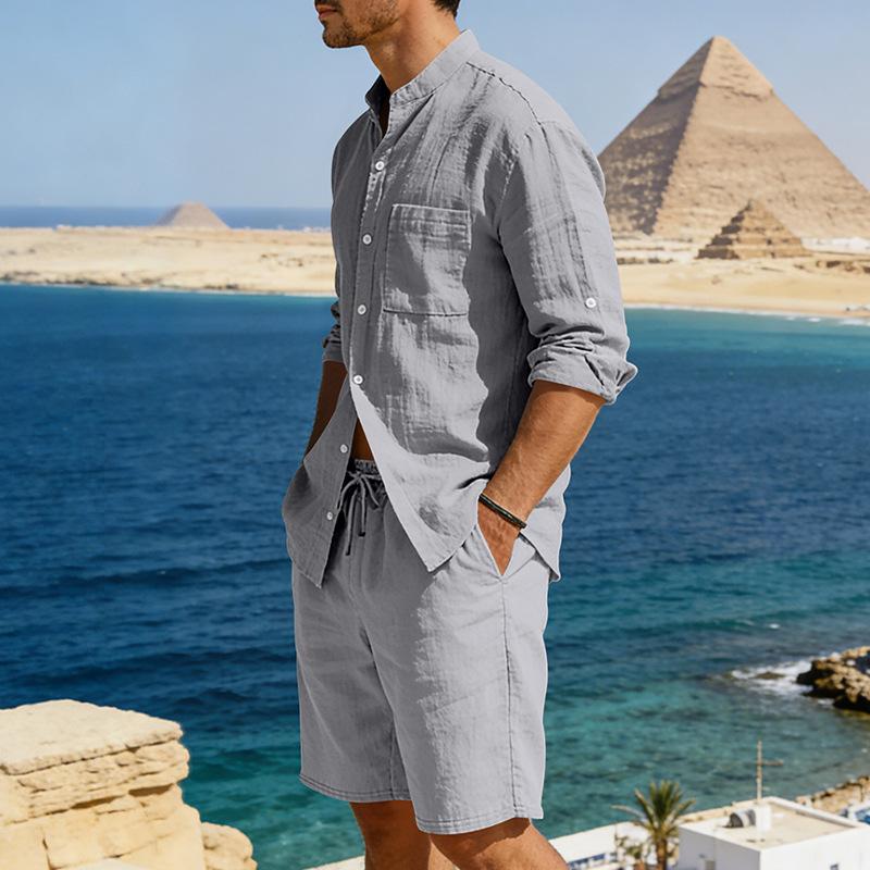 Mens American Style Casual Loose Long Sleeve Shirt And Shorts Set