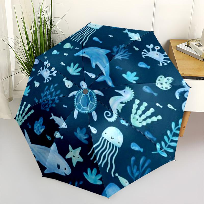 

1pc Ocean Life Circular Illustration Umbrella with Plastic Handle,Compact & Stylish,Cartoon Pattern,Outdoor UmbrellaPT333