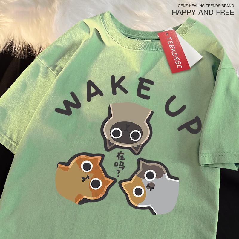 Wake Up 3 Onlookers Of Cats Japanese Style Menswear Cotton Tee Clothes T-Shirts Oversized Quality Shirts Fashion Crewneck Tshirt