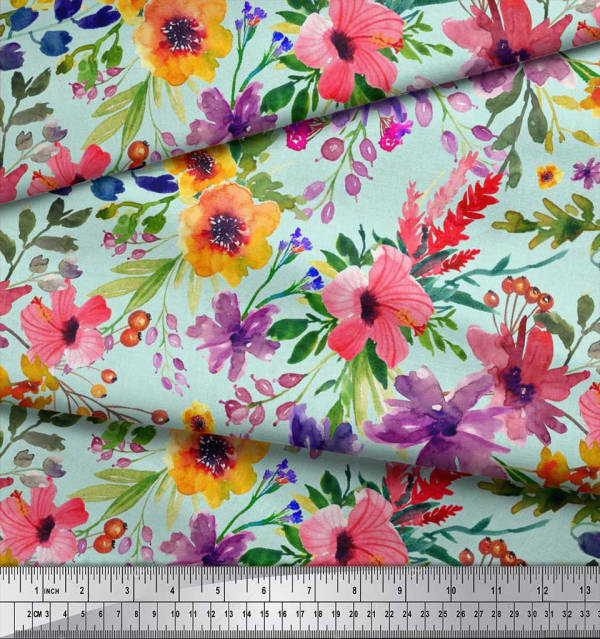 Soimoi Japan Crepe Satin Fabric Flower & Leaves Watercolor Decor Fabric Printed metre 42 Inch
