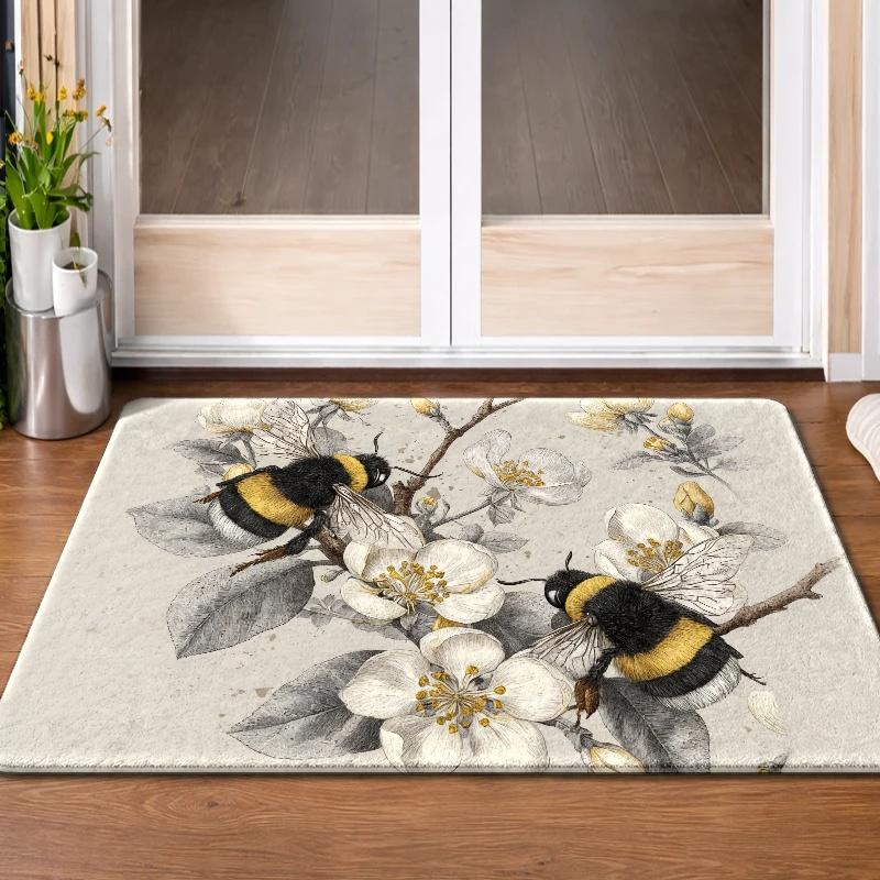 1pc Vintage Bee Flower Suitable for Living Room, Non-Slip Rubber Backing Carpet, Machine Washable Floor Mat with Bee &, Suitable for Bedroom