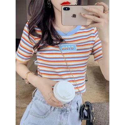 Women's Fashion Striped Letter Short Sleeve T-shirt