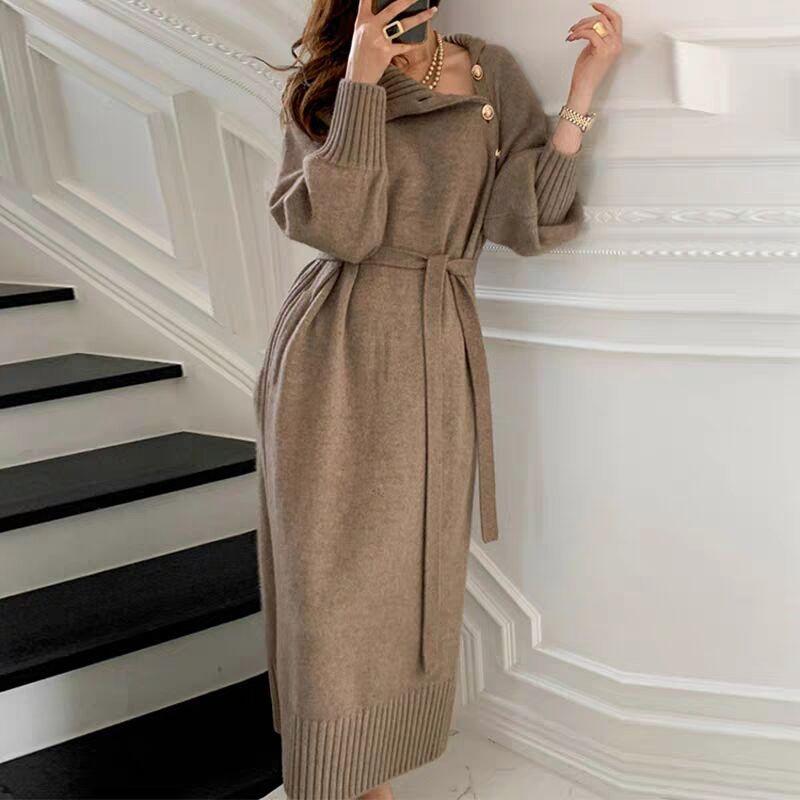

Autumn and winter new women s clothing semi-turtleneck knitted dress temperament medium and long lazy wind knee sweater skirt XL