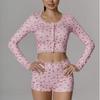 European & American Style Floral Print Bodycon Top & Shorts Set, Crew Neck, Long Sleeve Homewear.