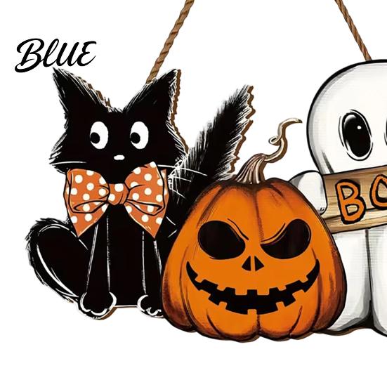 Rustic Pumpkin Wall Plaque Halloween Wooden Door Sign Ghost Boo Black Cat Welcome Hanging Ornament Sign for Trick or Treat Party Indoor Outdoor Porch