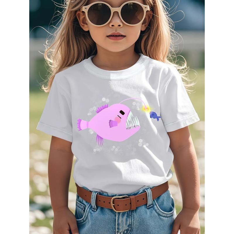 Children Crew Neck Short Sleeve T-Shirt with Anglerfish Print