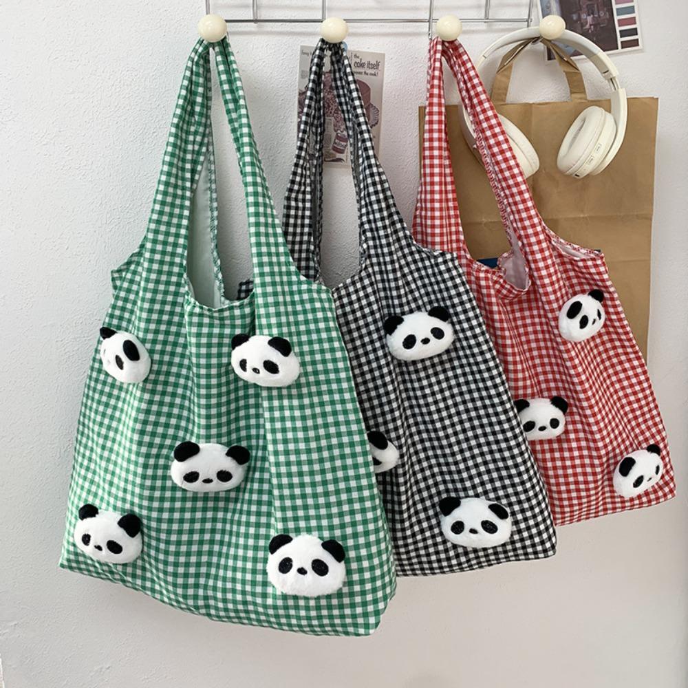 Vacation Canvas Shopping Bag Panda Doll Office Worker Handbag Casual Plaid Shoulder Bags  Outdoor