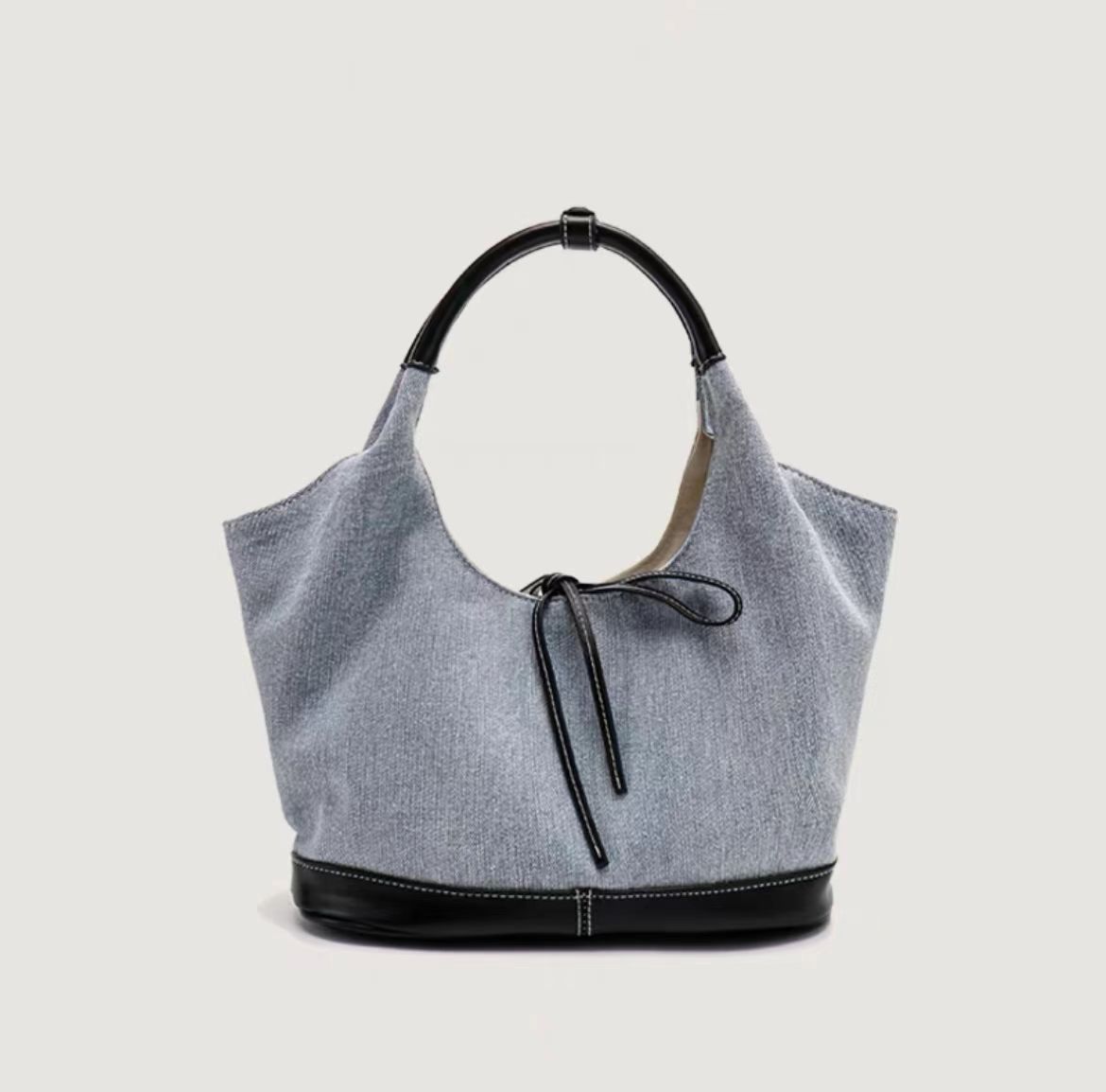 

Niche bow denim canvas splicing single shoulder underarm tote bag lazy wind casual large capacity bag women standard джинсовый синий