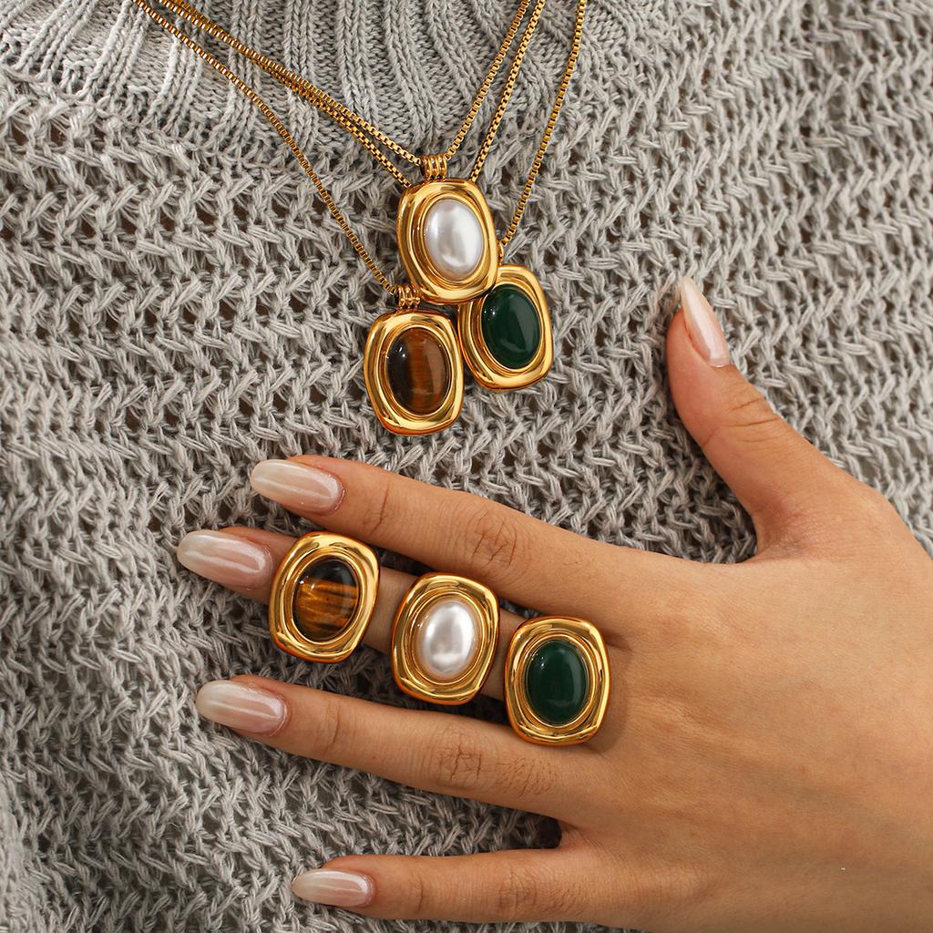 French vintage stainless steel tiger eye necklace, high-end retro pearl turquoise earrings for women, titanium steel jewelry