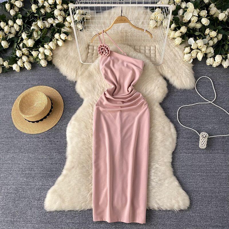 

Pure Desire Sexy Three-Dimensional Flowers Oblique Shoulder Strap Dress Female Scheming Ruched Slim-Fit Slit Hip-Wrapped Formal Dress Pink L
