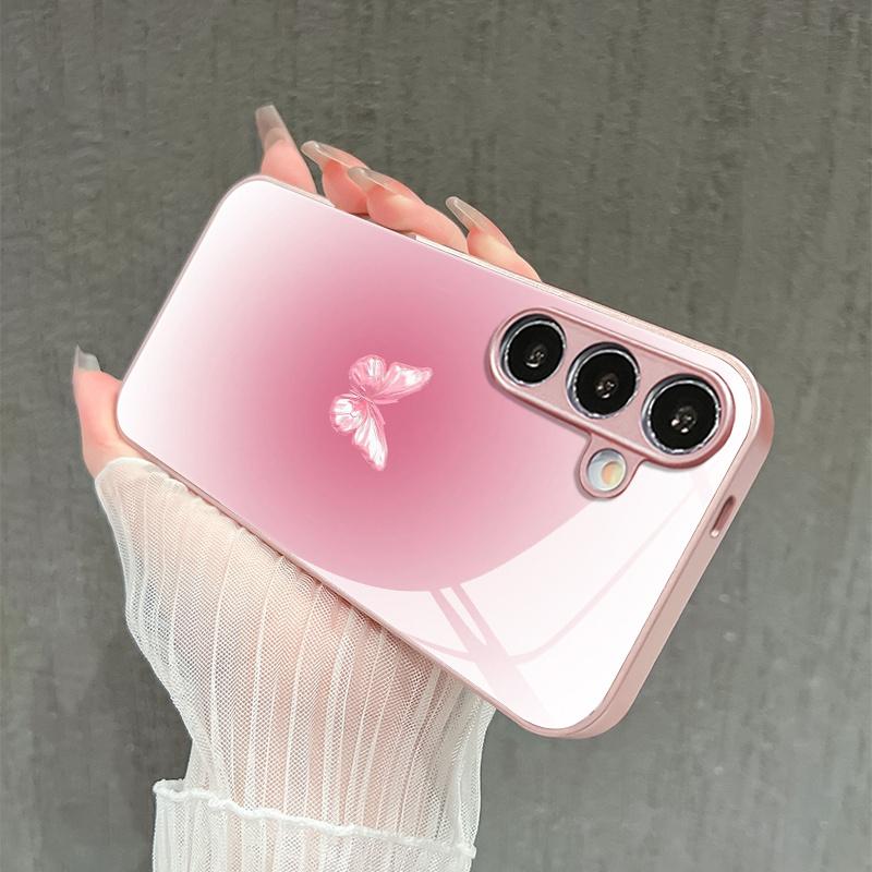 Minimalist Pink Butterfly Glass Phone Case Fashion Phone Cases Mobile Phones for Samsung Galaxy S26 S25 S24 S23 S22FE Ultra Plus