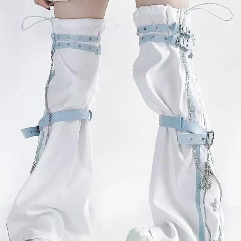 Damen Harajuku Sternenprint Reißverschluss Ausgestellter Beinwärmer Ästhetische Mode Punk PU Geschirrriemen Beinabdeckung Oberschenkelhohe Socken