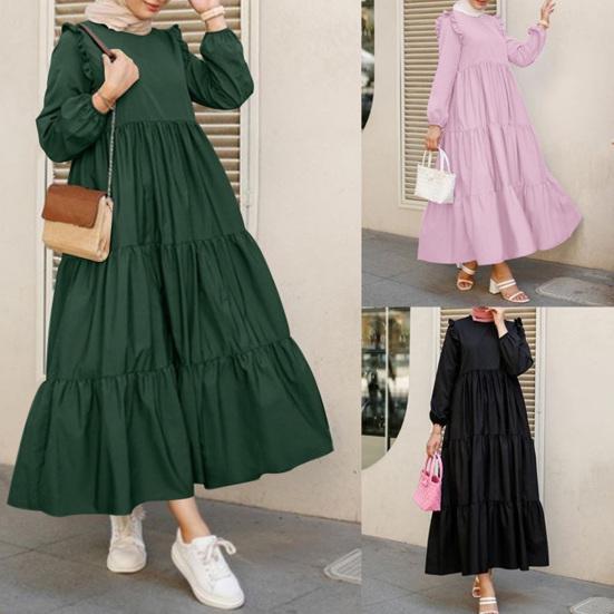 Loose Maxi Dress Large Hem Mid Waist Round Neck Long Sleeve Ruffle