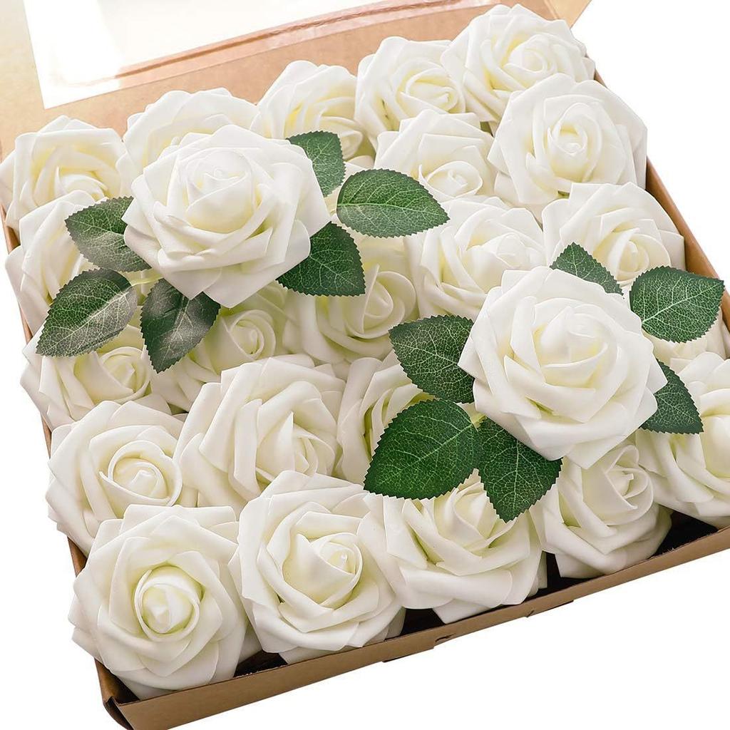 25Pcs Artificial Foam Rose Flowers with Stems for DIY Wedding Bouquets Centerpieces Mothers Day Valentines Home Party Decor