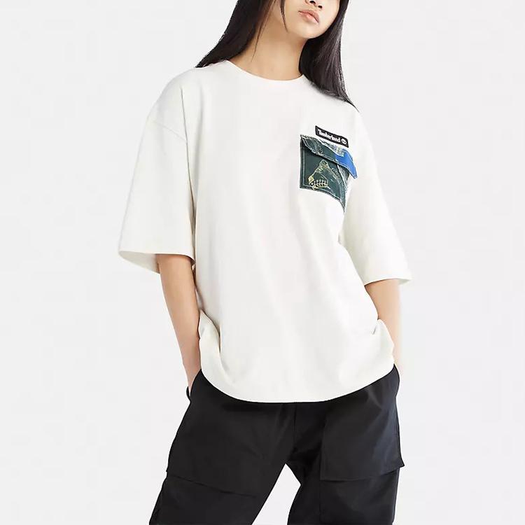 Timberland Pattern Print Pocket Spliced Round Neck Short Sleeve T-Shirt Unisex Tops Vintage-White A6B5P-CM9