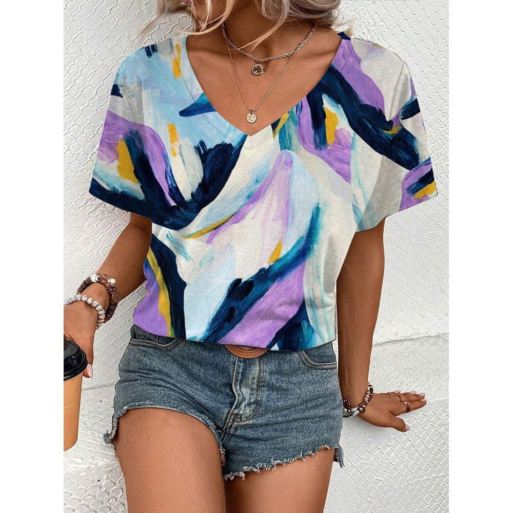 Fashionable And Simple  Summer Oversized Comfortable T-shirt Design Inspired Geometric Pattern Printed Women's V-neck Top