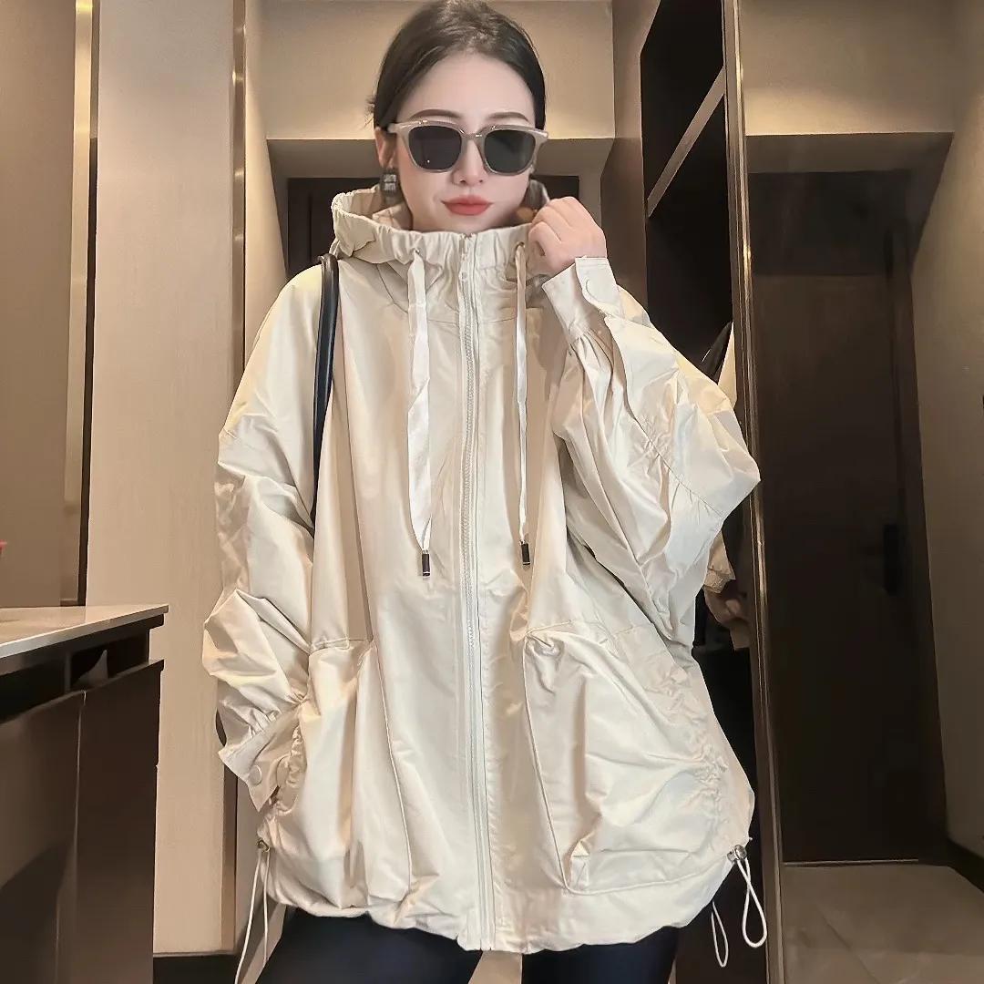 

Women Spring Autumn Casual Waterproof Overcoat Solid Hooded Windbreaker Jacket 3XL бежевий