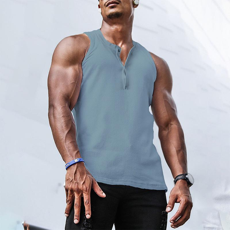 Men's Summer Sleeveless Solid Color Camisole Sports Casual Elastic Vertical Round Neck Top