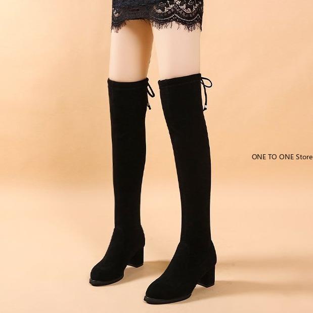 Rozciągliwe długie buty ze sztucznego zamszu damskie buty za kolano w stylu Casual, czarny seksowny klub nocny buty na platformie dla kobiet jesień kobiety Bottes