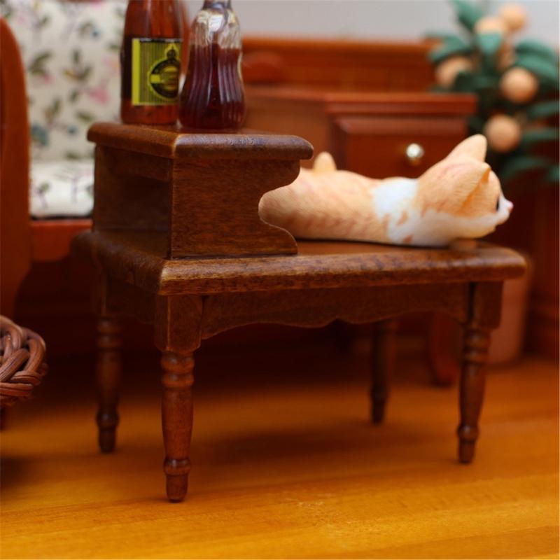 Vintage 1/12 Dollhouses Miniature Wood Coffee Table Two Tiers Side Desk for Living Room Decoration Model Scene Decors