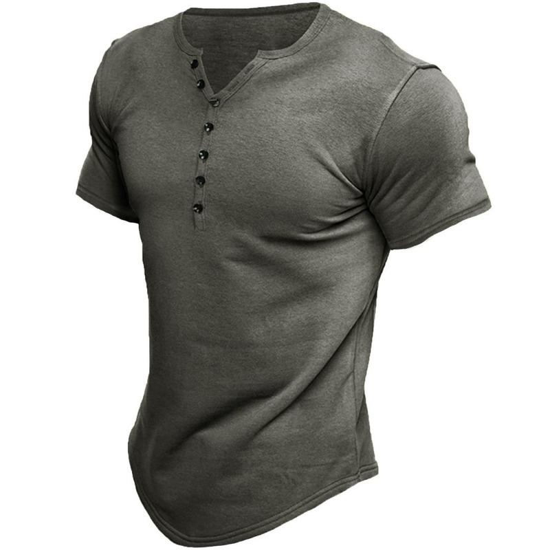 Men Solid Henley Neck T Shirt Short Sleeve Slim Fit Casual Breathable Summer Daily Streetwear Basic Top