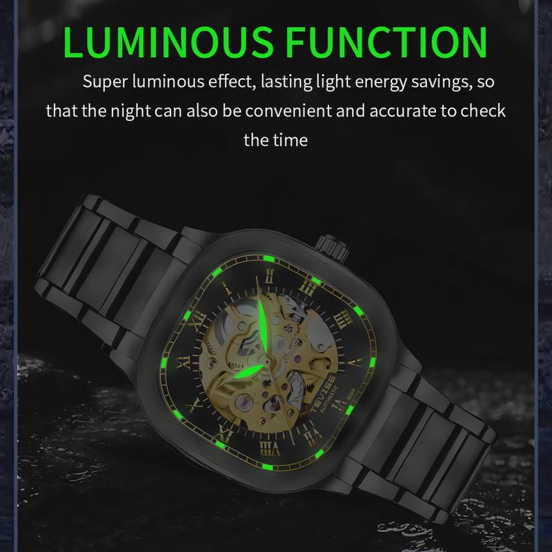 TEVISE Luminous Square Hollow Dial Men's Stainless Steel Waterproof Automatic Mechanical Watch Fashion Business Skeleton Watches