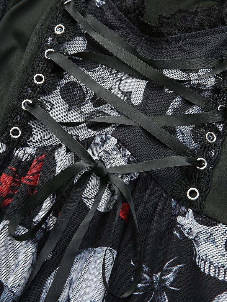Rosegal Übergröße Totenkopf Schleife Herz Bedruckt Mesh Schnürung Glockenärmel Zipfeltop