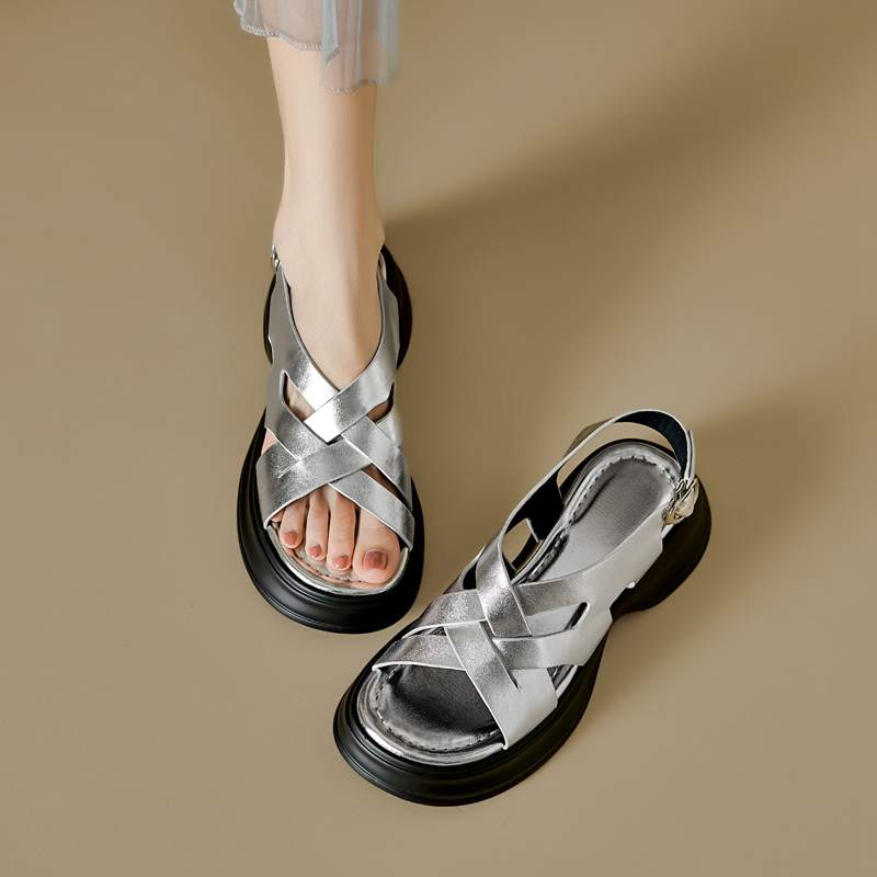 Krazing Pot Sheepskin Peep Toe Thick High Heels Summer Shoes Buckle Straps Platform Weaving Style Women Sandals