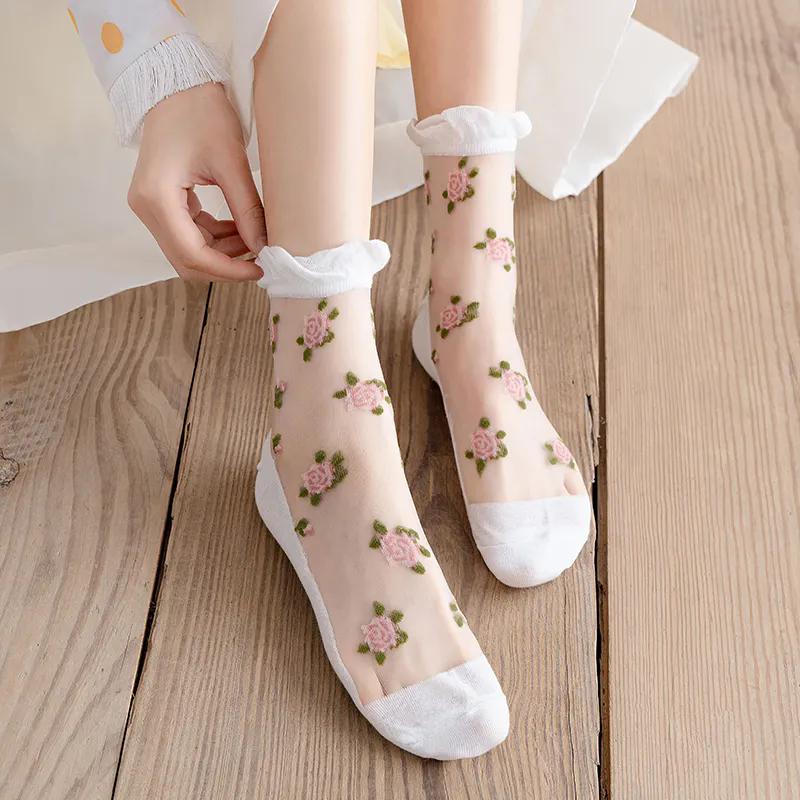 

3 пары симпатичных тонких носков, женские носки средней длины, летние носки с кристаллами, дышащие хлопковые чулки с резинкой 3 Pairs белый