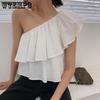 Sweet Off Shoulder Ruffled Top Women White Short T-shirt High Waist Navel Expose Sexy Desire Sleeveless Sloping Shoulder Summer