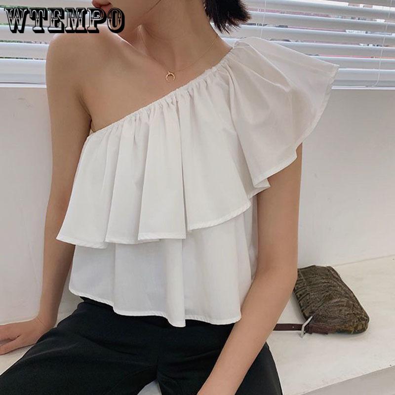 Sweet Off Shoulder Ruffled Top Women White Short T-shirt High Waist Navel Expose Sexy Desire Sleeveless Sloping Shoulder Summer