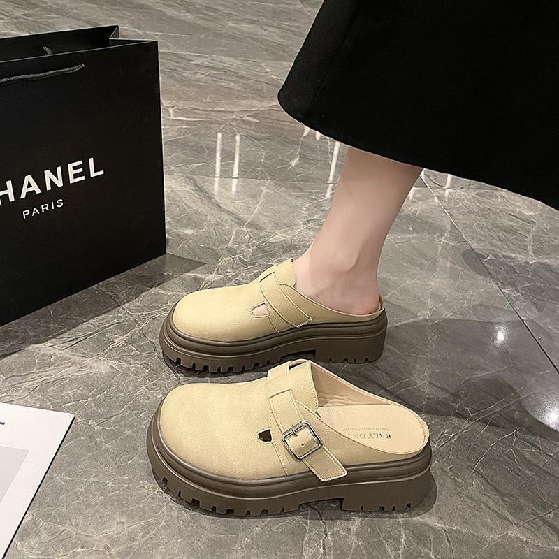 British Style Single Shoes Women's Popular Spring New Bag Head Half Slippers Women's Platform Belt Buckle Fashion Casual Women's Shoes