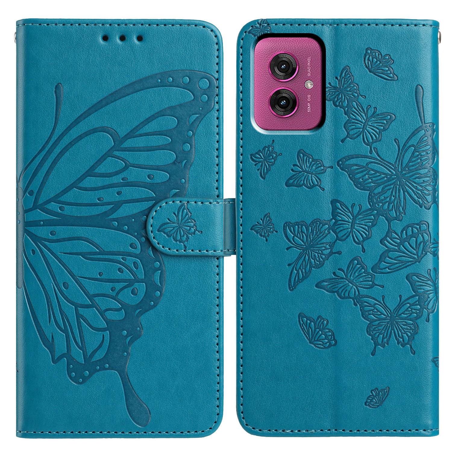 

For Motorola Moto G55 5G Case Butterfly Imprinted Wallet Stand PU Leather Flip Phone Cover with Strap Blue