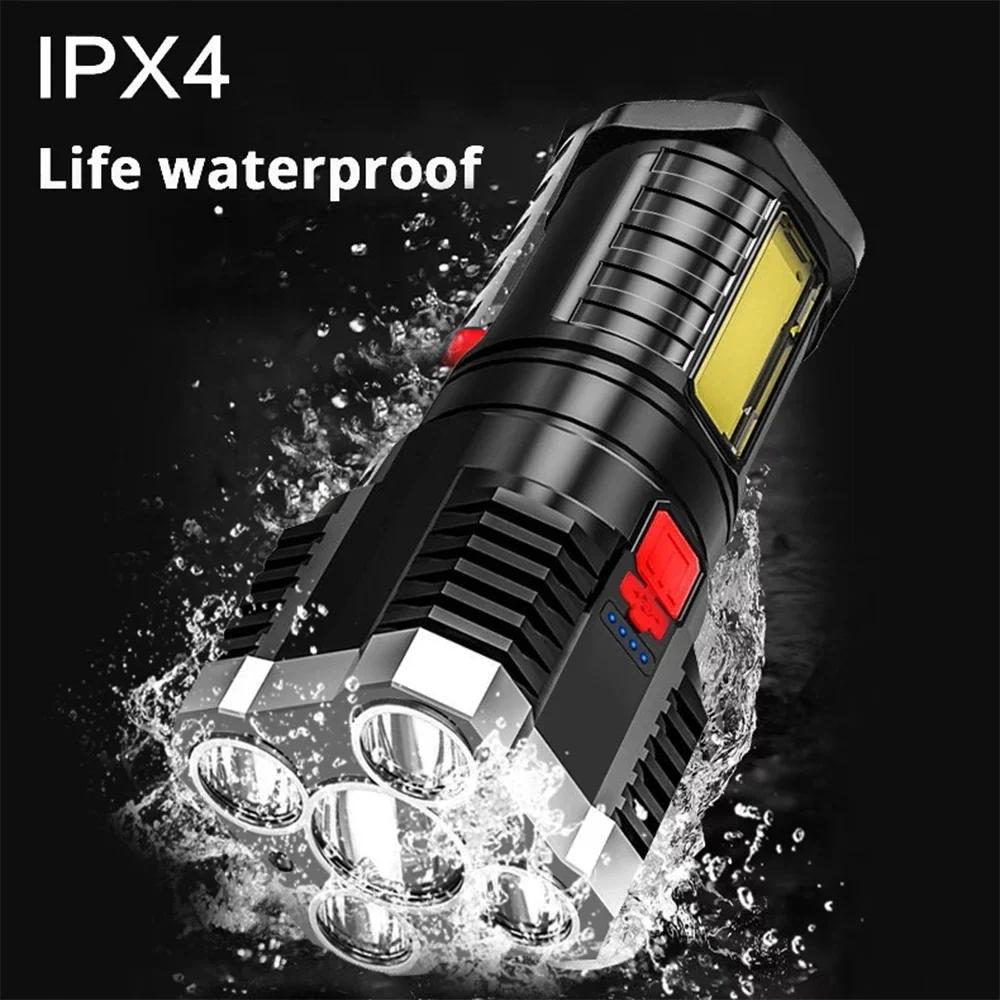 Powerful 4-5 Core LED Flashlight Built-in Battery USB Rechargeable COB Working Light Outdoor Home Torch Camping Search Lantern