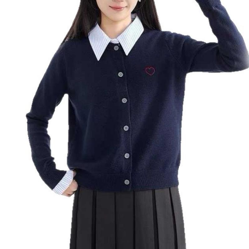 

New autumn top cardigan jacket love embroidery women s fake two-piece shirt collar college style knitted sweater women M тёмно-синий