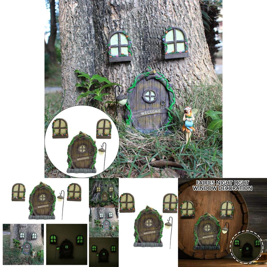 Fairy Miniature 4pcs Tree Door Window Door Glow Gnome Elf Home Sculpture Statues