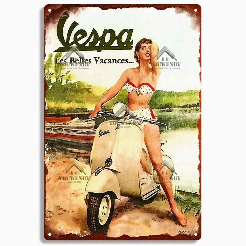 Retro plechová cedule pro domácí dekoraci, Vintage kovový plakát Vespa, Bar, Klub, Motocyklová garáž Nástěnná dekorace, Značka