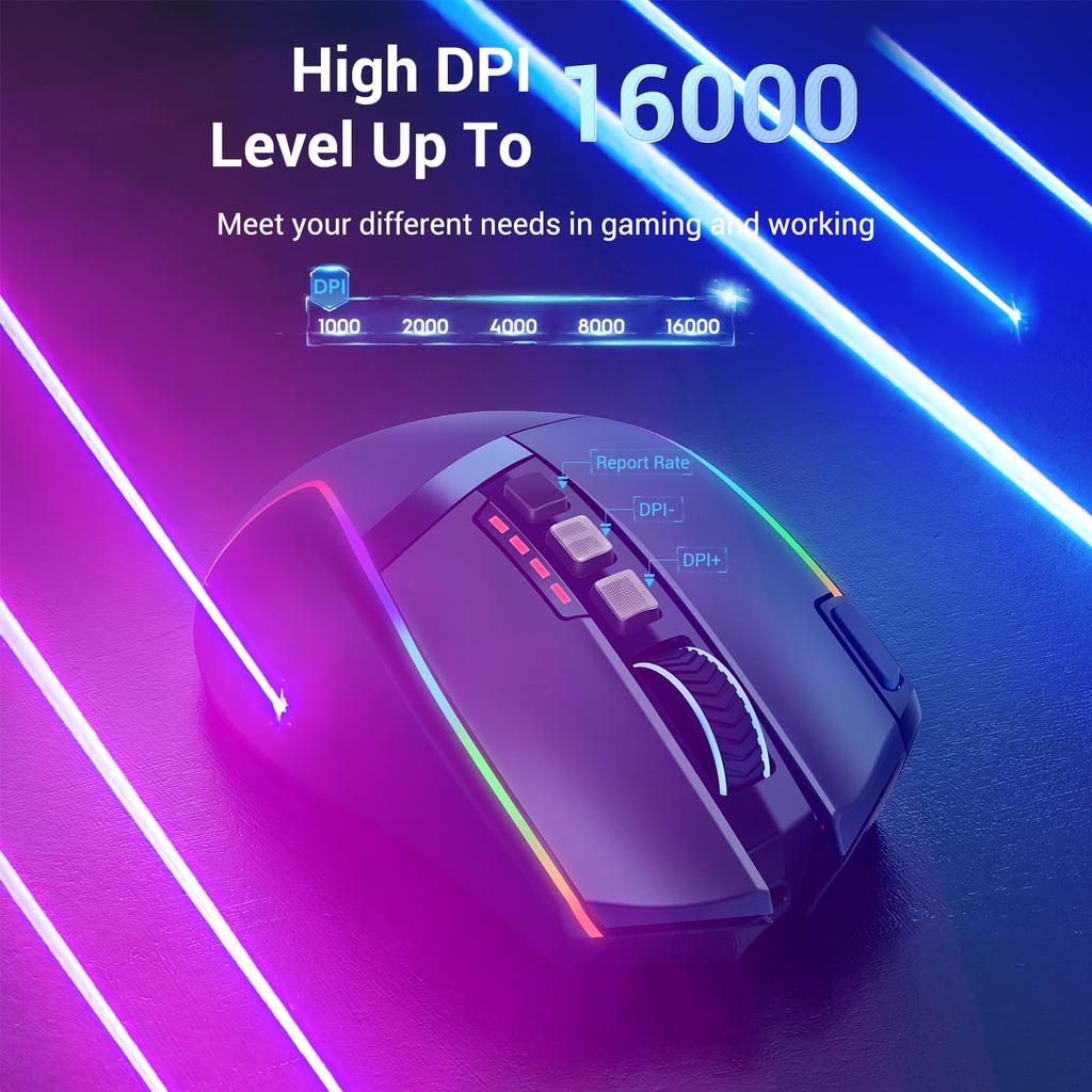 Redragon Mouse Ergonômico Sem Fio para Jogos 16000 DPI com Fogo Rápido 9 Macros Capacidade de Energia Durável e Retroiluminação RGB para Mouse, Tecla, Botões, 170 Horas